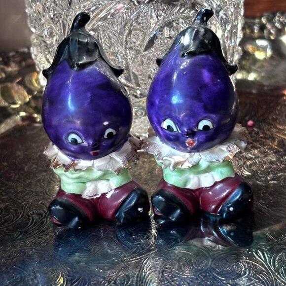 Vintage Anthropomorphic Eggplant Salt & Pepper Shakers – Japan, 1950s Vegetable - Picture 8 of 8
